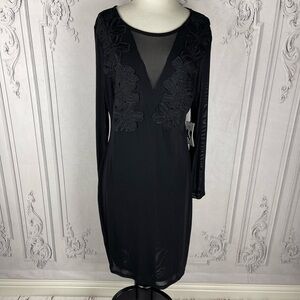 Elegant Illusion Black Floral Embroidered Lace Curve Long Sleeves Cocktail Dress